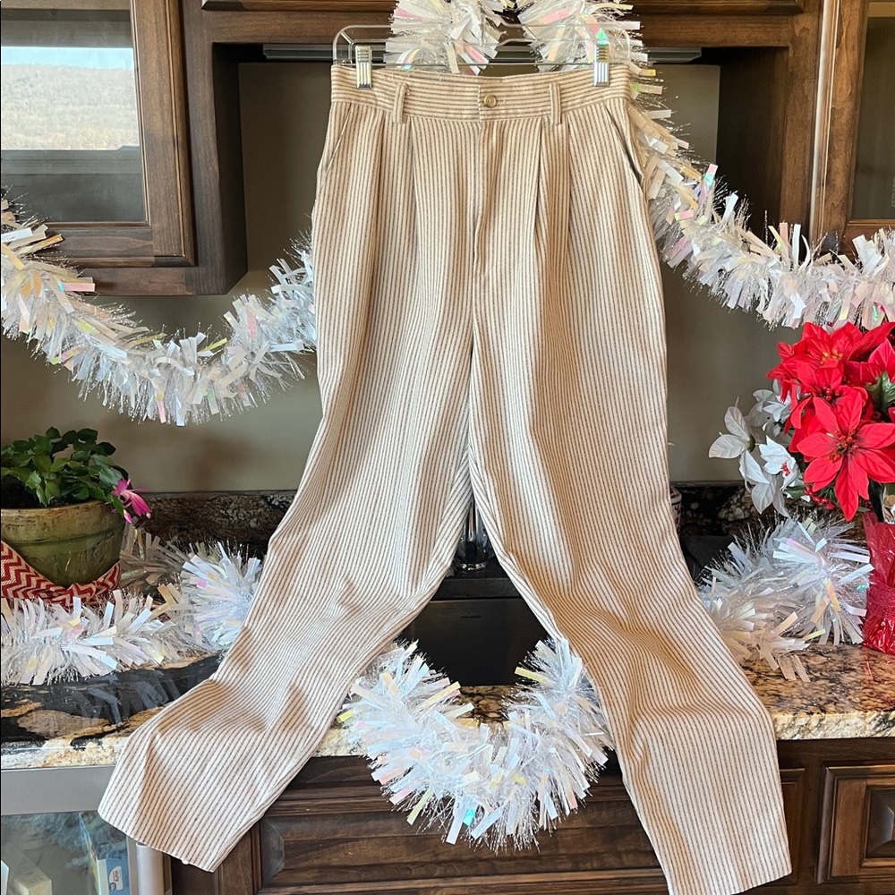 Vintage Samantha USA High Rise Trousers Cream Brown Stripe Womens 10 fits like 6